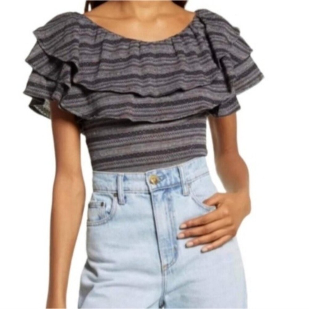 Free People Black Patterned Heirloom Ruffled Top Women's Size M